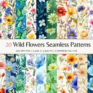 Wild Flowers Pattern Bundle | PNG Spring Seamless Patterns | Floral Digital Paper pattern | Instant Download Images, Commercial use