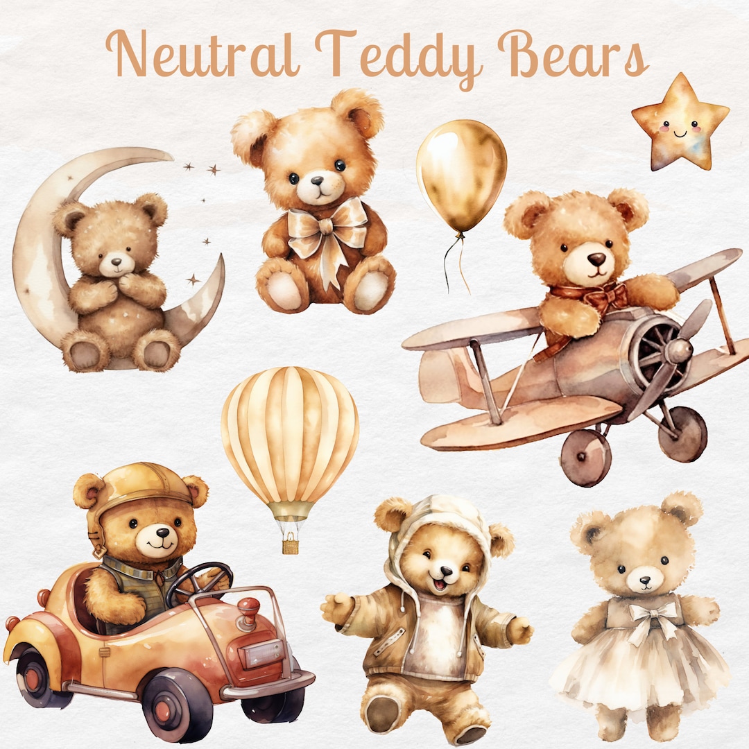 Watercolor Teddy Bear Clipart: Neutral Baby Shower PNG (digital ...