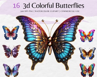 May include: 16 colourful 3D butterflies with intricate details and glitter accents. The butterflies are in various shades of blue, purple, pink, and orange. 300 DPI PNG | WATERCOLOUR CLIPART | COMMERCIAL USE