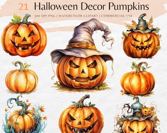 Clipart di zucca di Halloween ad acquerello: pacchetto PNG di Jack-O-Lantern (uso commerciale)
