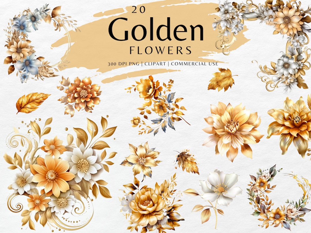 Golden Flowers Watercolor Clip Art Bundle PNG Floral Bouquets Instant