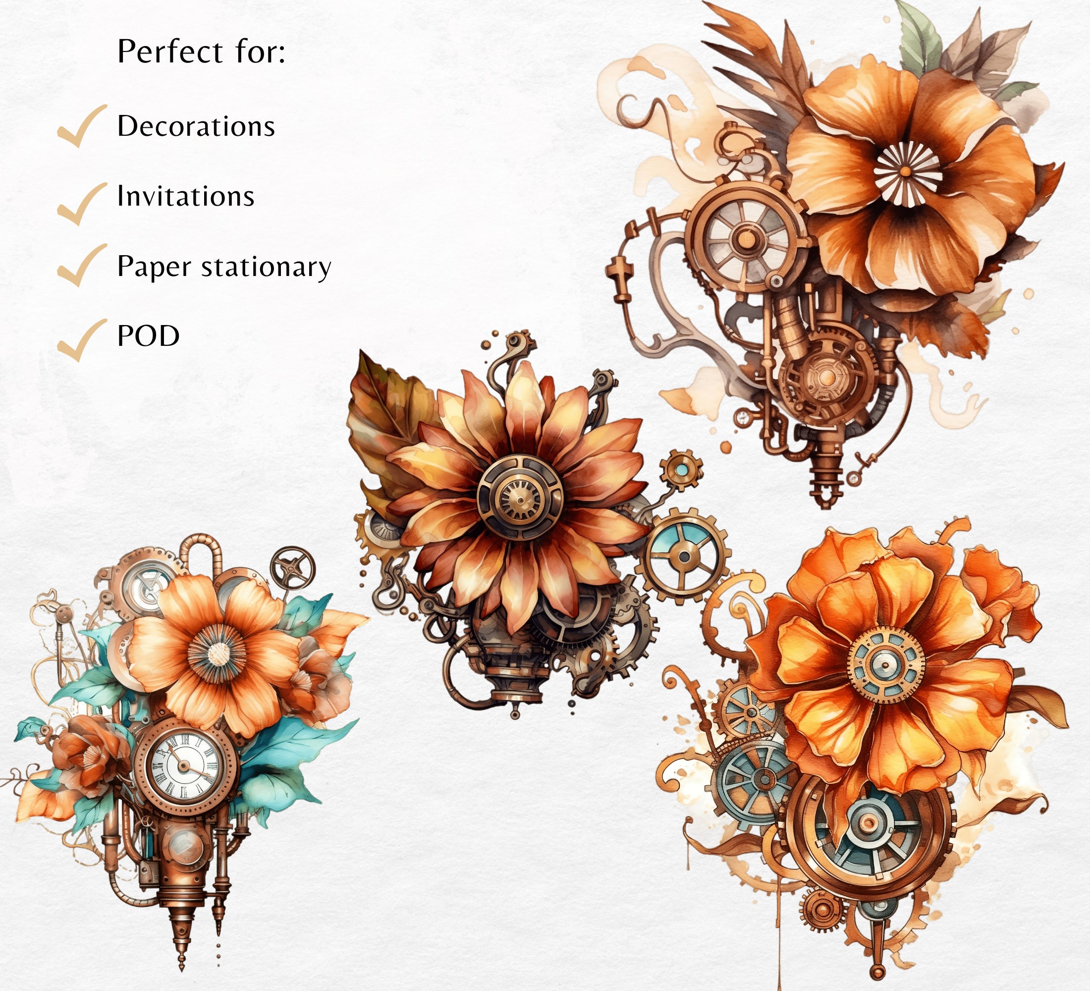 Steampunk Watercolor Flowers Clipart Bundle | Fantasy Floral Png ...