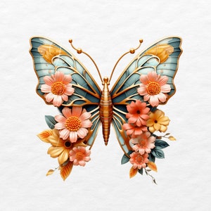 May include: A gold and blue butterfly with delicate wings is adorned with pink and orange flowers. The butterfly is surrounded by green leaves and has a vintage, ornate design.