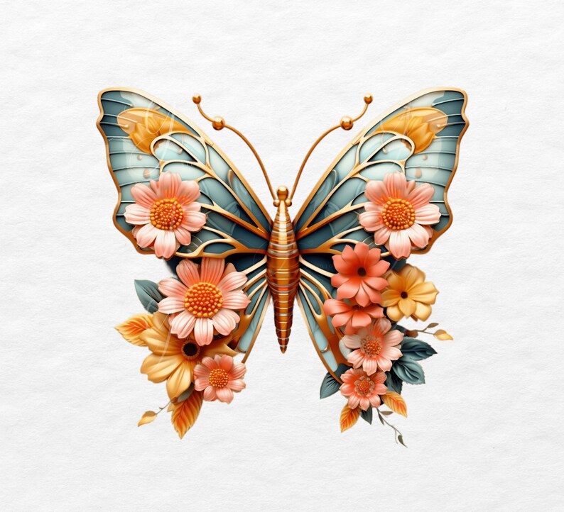 May include: A gold and blue butterfly with delicate wings is adorned with pink and orange flowers. The butterfly is surrounded by green leaves and has a vintage, ornate design.