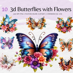 Bundle de cliparts papillons 3D avec fleurs 3D png, téléchargement numérique | Utilisation commerciale, papillon 3D png