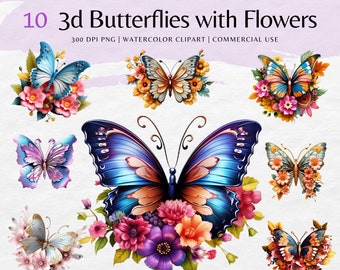 May include: Ten 3D butterflies with flowers. Each butterfly is surrounded by colourful flowers and has a 3D effect. The butterflies are blue, purple, orange, and gold. The flowers are pink, purple, red, yellow, and orange.