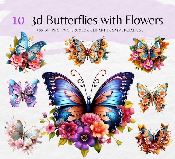 3D Butterfly Clipart Bundle: Watercolor Flowers PNG (Digital Download)