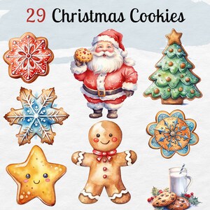 May include: 29 Christmas Cookies. A set of nine watercolor illustrations of Christmas cookies, including a gingerbread man, a snowflake, a star, a Christmas tree, and Santa Claus.
