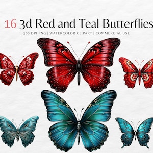 3d Butterflies Clipart Bundle png, Red and Teal Butterfly Watercolor | Commercial use, 3d butterfly png