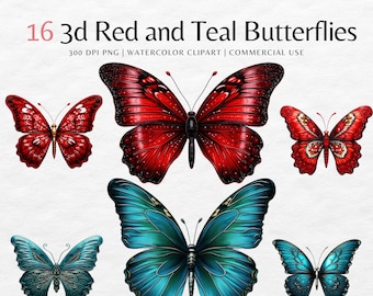 May include: 16 digital illustrations of 3D butterflies. Eight butterflies are red with black accents and eight butterflies are teal with gold accents. The butterflies are in a watercolour style.