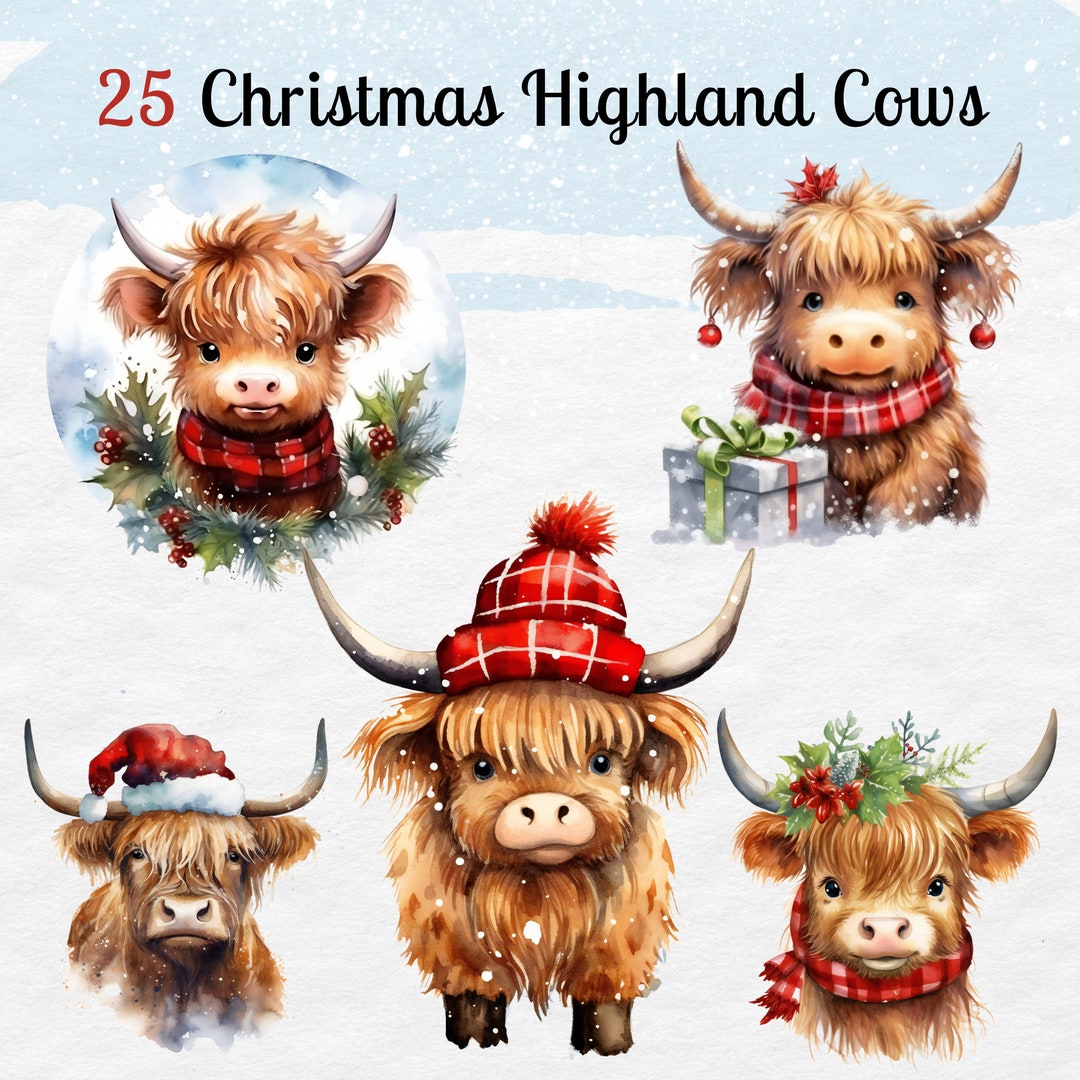 Christmas Highland Cow Clipart Bundle: Watercolor Animals PNG (digital ...