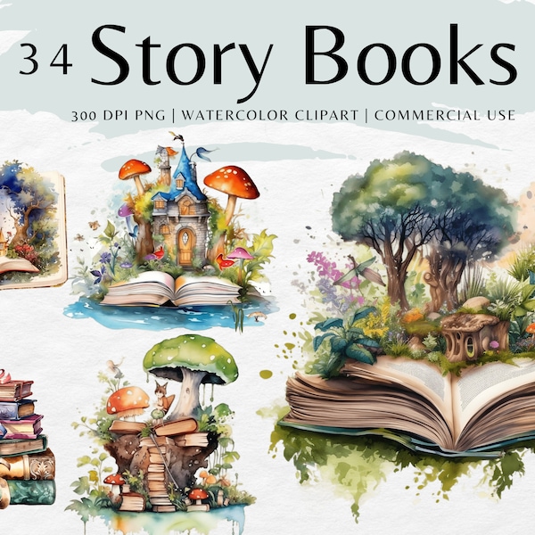 Fantasy Book Watercolor Clipart Bundle |  Story book Clipart | stack of books clipart | Instant Download Open Book png | Commercial use