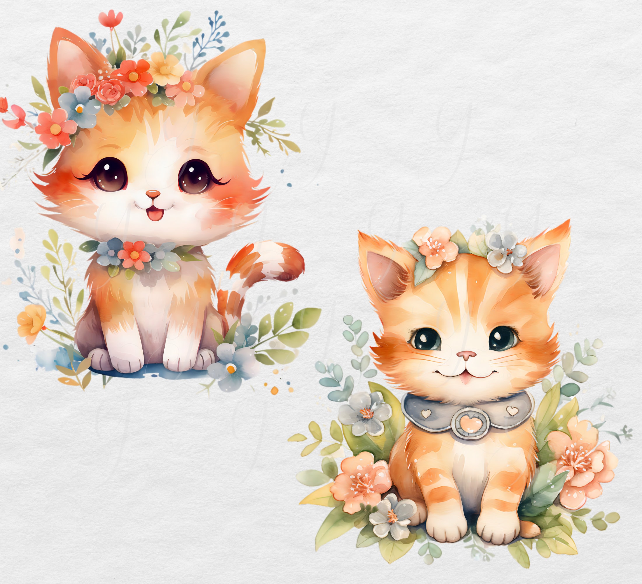 Watercolor Kitten Clipart With Flowers: Cat Nursery Art (PNG ...