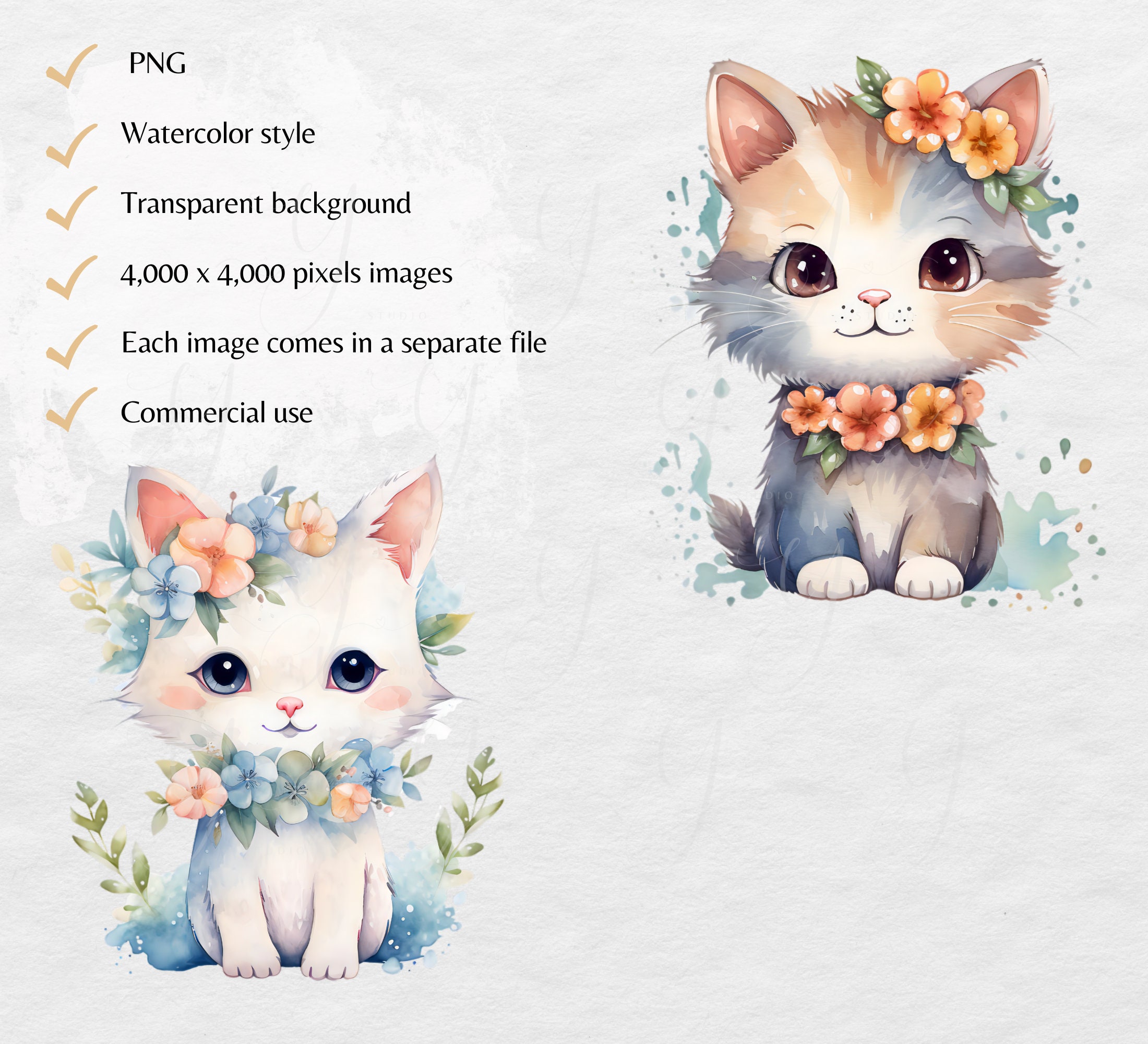 Watercolor Kitten Clipart With Flowers: Cat Nursery Art (PNG ...