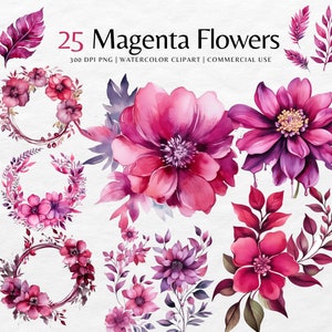 マゼンタの花のクリップアート バンドル | 水彩ウェディング フラワー PNG、花束 | 花輪のイラスト