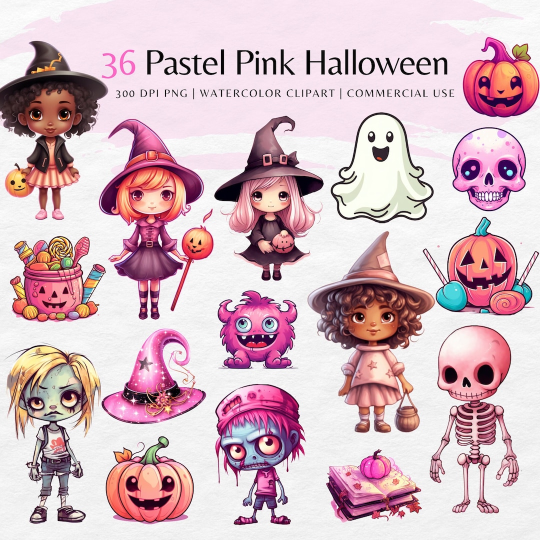 Pink Pastel Halloween Clipart | Cute Pumpkin Watercolor Png | Cat ...