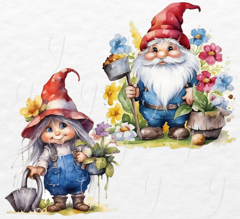 Garden Gnomes Clipart Watercolor Bundle | Whimsical Fantasy Floral Png ...