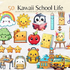 Kawaii School Clipart / Lindo Regreso a la Escuela png / Clipart de útiles escolares para maestros / Uso comercial