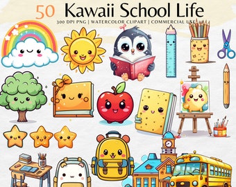 Kawaii School Clipart | Cute Back to School png | Teacher school supply clipart | Commercial use