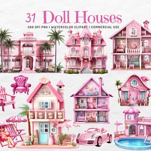 Pacchetto Clip Art acquerello case delle bambole rosa / PNG Pink Doll Mansion / Uso commerciale