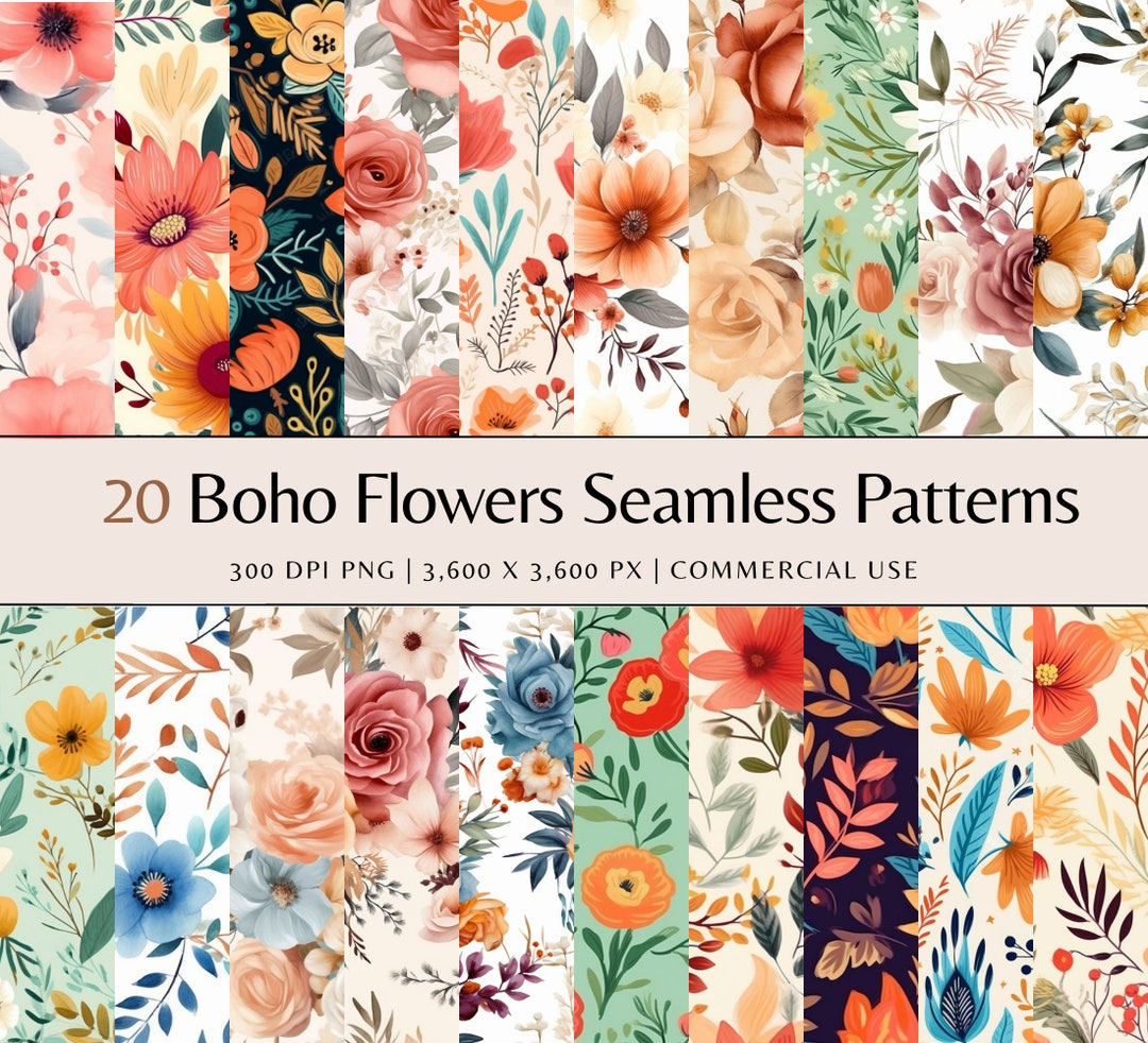 Boho Floral Seamless Patterns: Watercolor PNG Bundle (digital Download ...