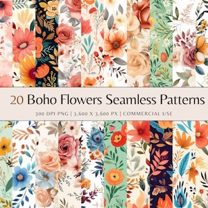 Paquete de patrones florales Boho / Patrones sin costuras PNG / Patrón de papel digital floral / Imágenes de descarga instantánea, uso comercial