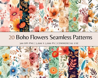 May include: Twenty digital seamless patterns featuring colorful boho floral designs. Each pattern is 3,600 x 3,600 pixels and 300 DPI.