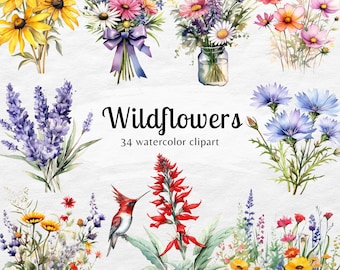 Watercolor Wildflower Clipart: Spring Flower Bouquet (PNG, Commercial Use)