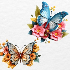 May include: Two butterflies with floral accents. The top butterfly is blue with white and black markings. The bottom butterfly is gold with brown markings. Both butterflies are surrounded by pink and yellow flowers.