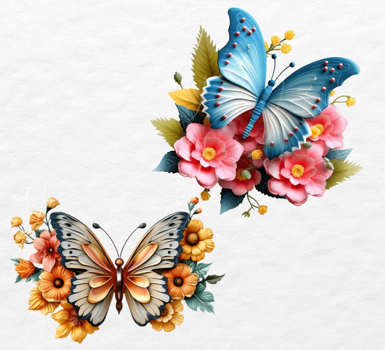 May include: Two butterflies with floral accents. The top butterfly is blue with white and black markings. The bottom butterfly is gold with brown markings. Both butterflies are surrounded by pink and yellow flowers.