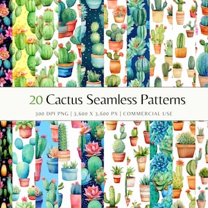 Lot de motifs de cactus | Modèles sans soudure PNG | Modèle de papier numérique de cactus du désert | Images à téléchargement instantané, utilisation commerciale
