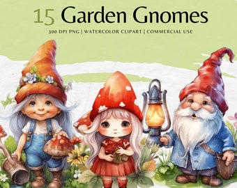 May include: A set of 15 watercolor illustrations of garden gnomes. The gnomes are depicted in various poses, including holding lanterns, mushrooms, and gardening tools. The gnomes are wearing colorful clothing and hats. 300 DPI PNG | WATERCOLOR CLIPART | COMMERCIAL USE