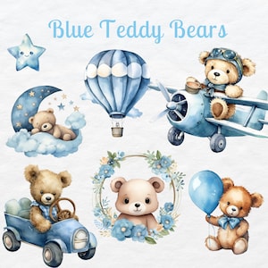Blue Teddy Bear Clipart, download digitale / Uso commerciale / Baby shower, simpatico orsacchiotto png, orsacchiotto palloncino, orsacchiotto boho