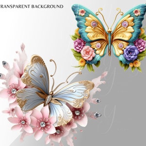 May include: Two butterflies with gold accents and jeweled details are surrounded by pink and white flowers. The butterfly on the left is light blue and the butterfly on the right is teal.