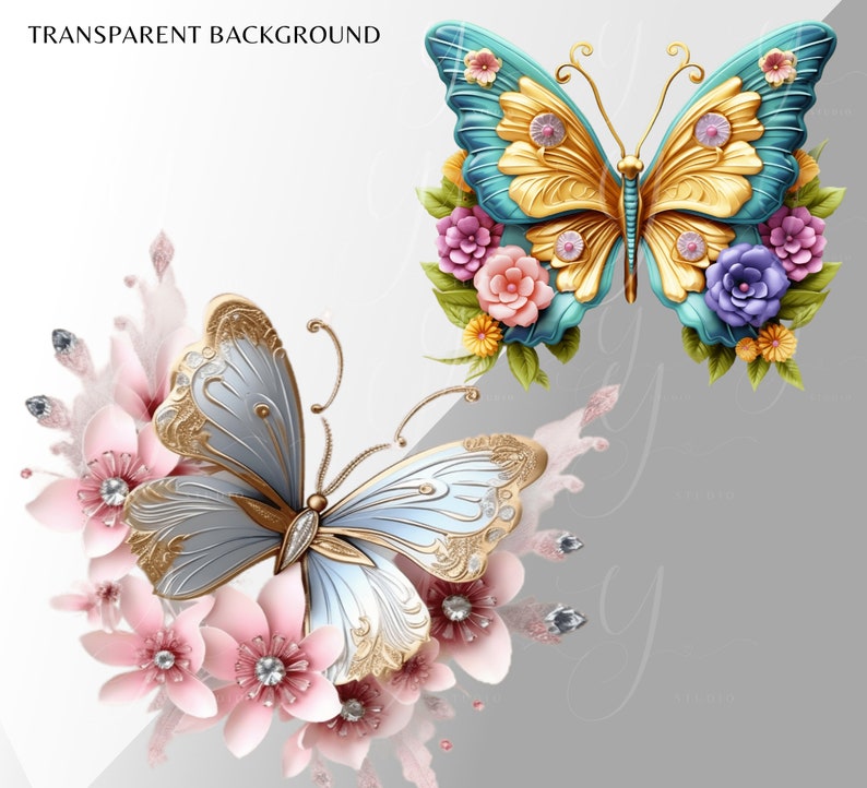 May include: Two butterflies with gold accents and jeweled details are surrounded by pink and white flowers. The butterfly on the left is light blue and the butterfly on the right is teal.