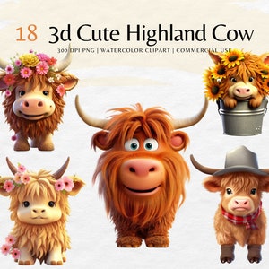 Highland Kuh png Clipart Bundle, niedliche 3d Baby Highland Kuh, digitaler download | Kommerzielle Nutzung, Tiere png