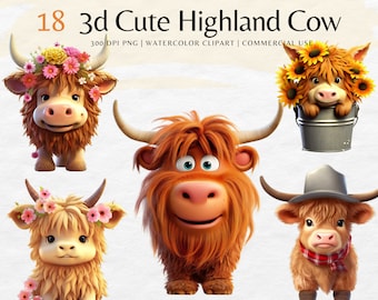 May include: Set of 18 3D cartoon Highland cow illustrations. The cows are in various poses, some wearing flowers, a hat, and one in a bucket. The illustrations are in a watercolor style.