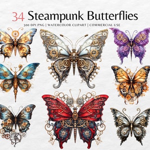 Pacote de clipart em aquarela de borboleta Steampunk | borboletas png | clipart steampunk, uso comercial, download instantâneo, Junk Journal