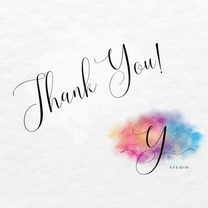 May include: Thank You! Watercolor design with a colorful background and a handwritten letter Y with the word STUDIO below it.