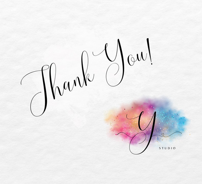 May include: Thank You! Watercolor design with a colorful background and a handwritten letter Y with the word STUDIO below it.