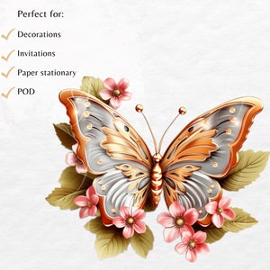 May include: A gold and silver butterfly with intricate details, surrounded by pink flowers and green leaves. The butterfly has a delicate, almost translucent appearance.