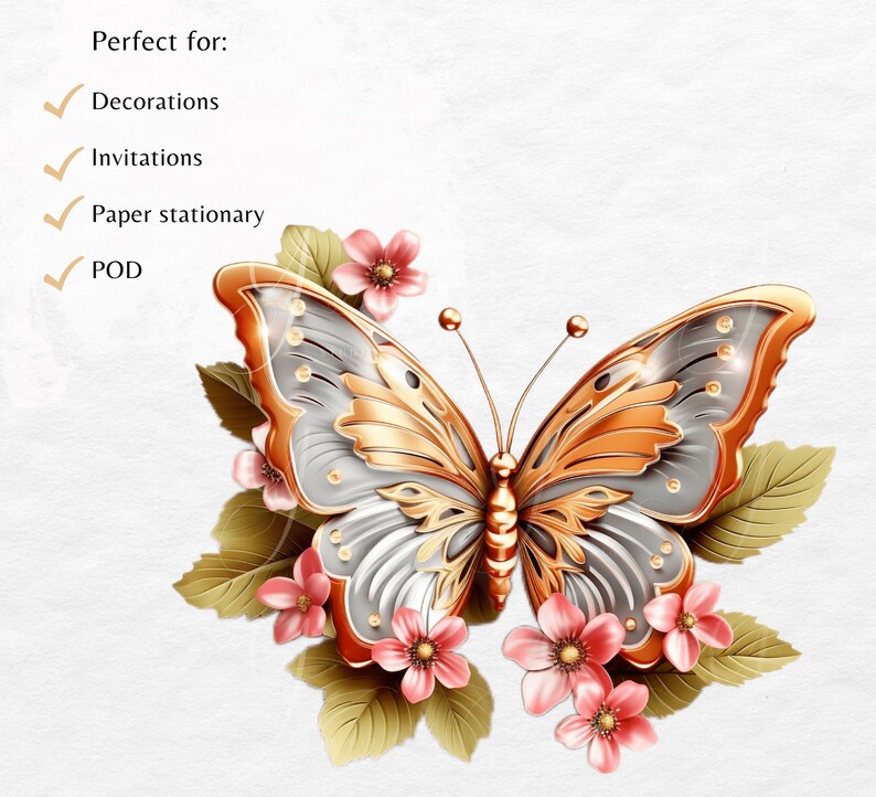 May include: A gold and silver butterfly with intricate details, surrounded by pink flowers and green leaves. The butterfly has a delicate, almost translucent appearance.