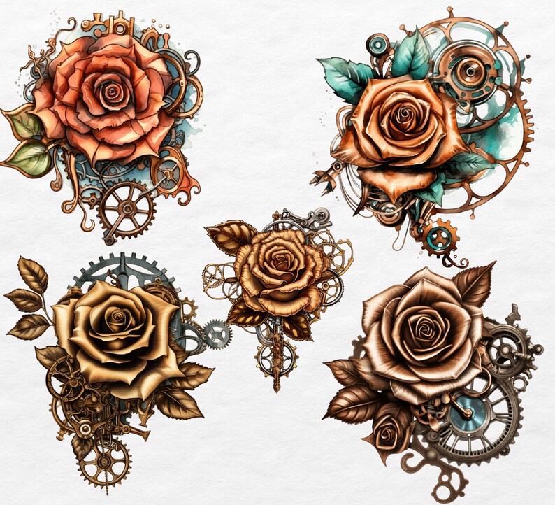 Steampunk Watercolor Flowers Clipart Bundle | Fantasy Floral Png ...