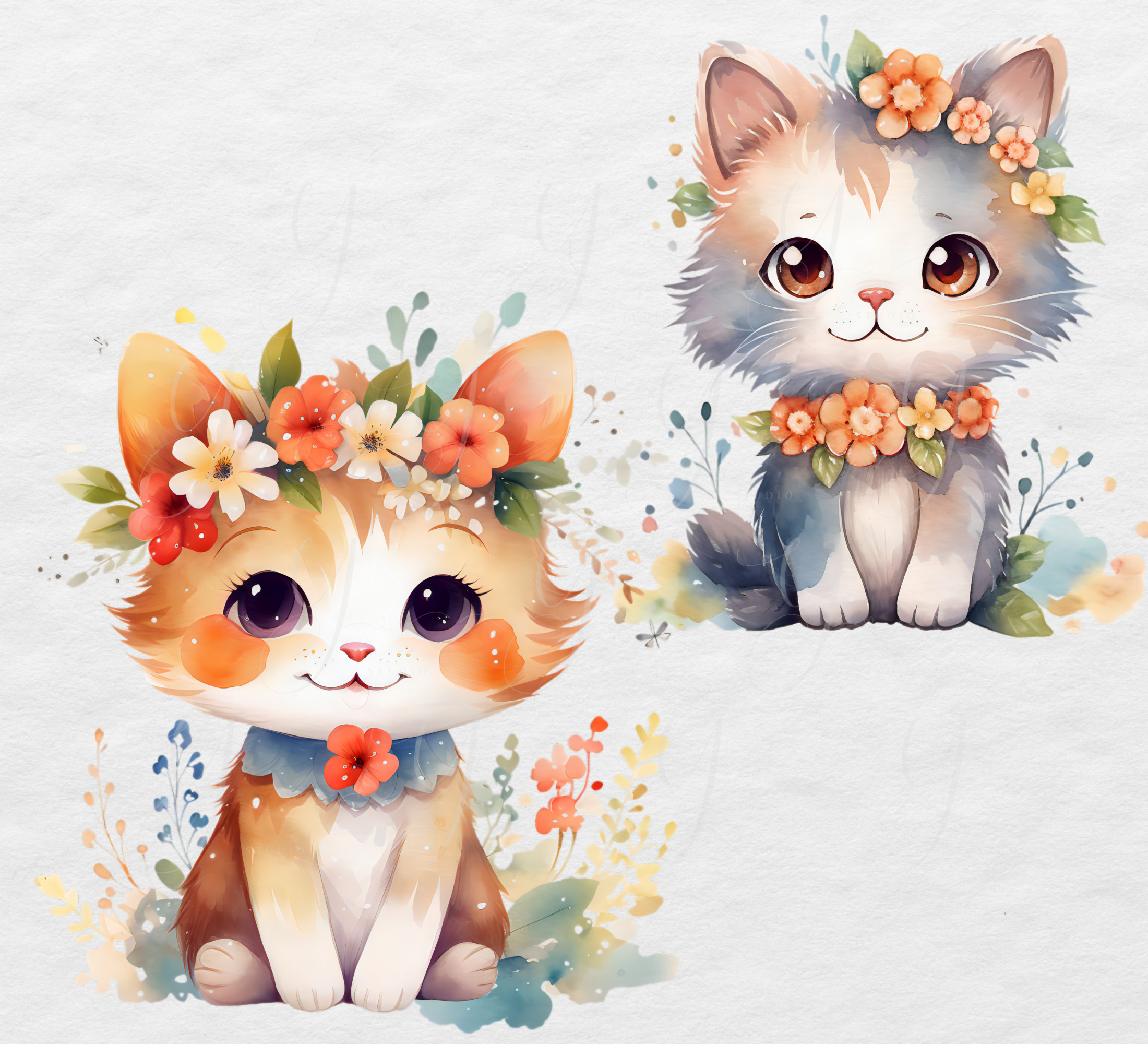 Watercolor Kitten Clipart With Flowers: Cat Nursery Art (PNG ...