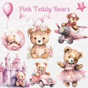 Teddy Bear Clipart Pink, digital download | Commercial use | Baby shower, cute baby teddy bear png, balloon teddy bear, boho teddy bear