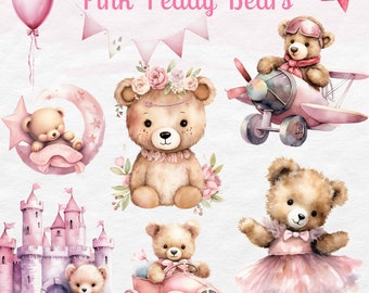 Clipart de acuarela de osito rosa: Imágenes PNG para baby shower (descarga digital)