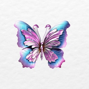 May include: A metallic butterfly with pink and blue wings. The butterfly has a shiny, iridescent finish.