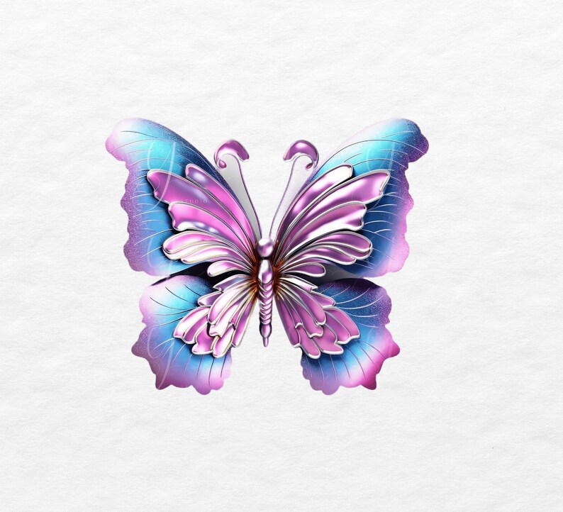 May include: A metallic butterfly with pink and blue wings. The butterfly has a shiny, iridescent finish.