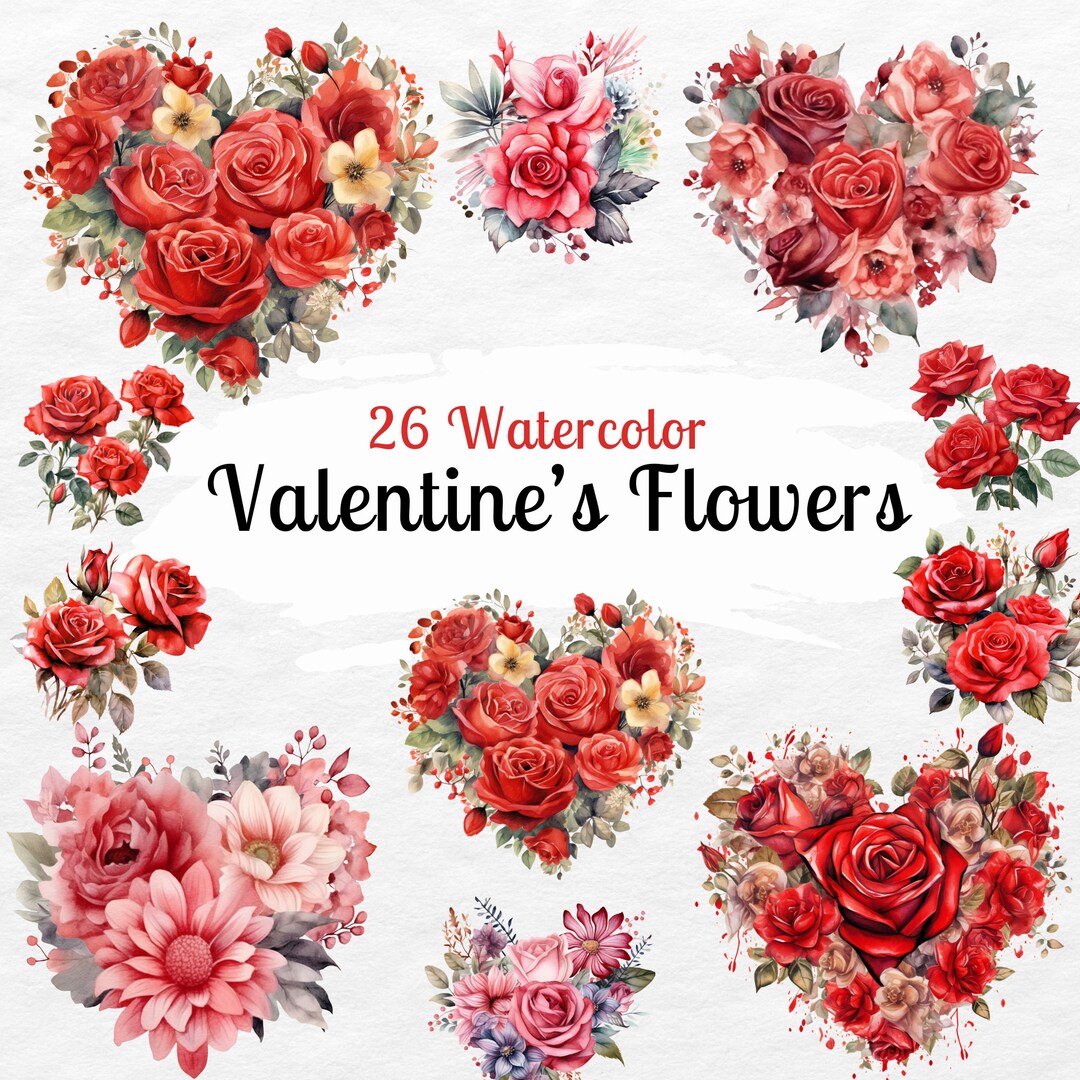 Valentine's Flowers Watercolor Clipart Bundle: 26 PNG Images (digital ...