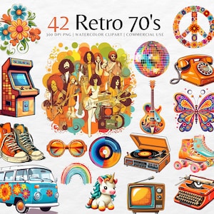 70s Retro ClipArt Bundle | Vintage Groovy Clipart png | Boho Hippie, Instant Download Images | Commercial use